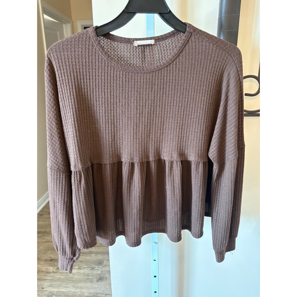 Altar'd State Brown Waffle Knit Peplum Top Long Sleeve Thermal Crew Neck L